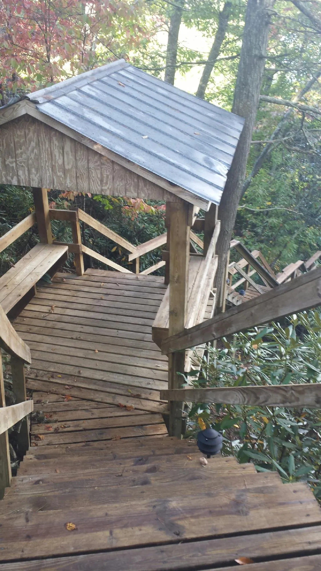 Metal roofed shelter over wooden steps on a wooded walkway — Skylight Repair & Installation work by our crew in North Branch